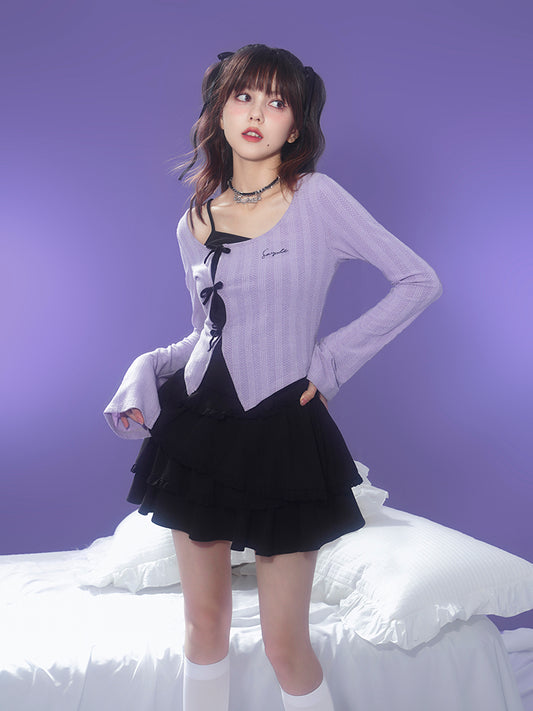 Faux Layered Knit Top With Front Tie And Pointed Hem