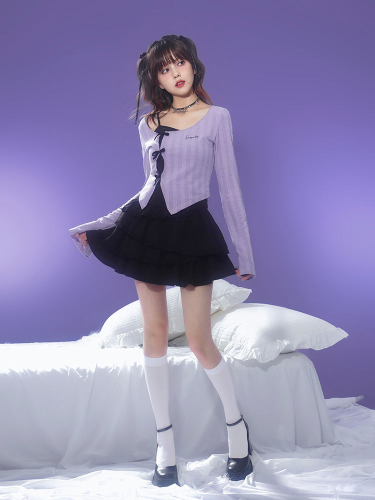 Faux Layered Knit Top With Front Tie And Pointed Hem