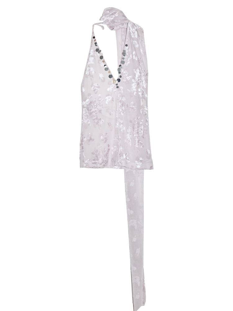 Ruffled Jacquard Sheer V-Neck Backless Top With Scarf