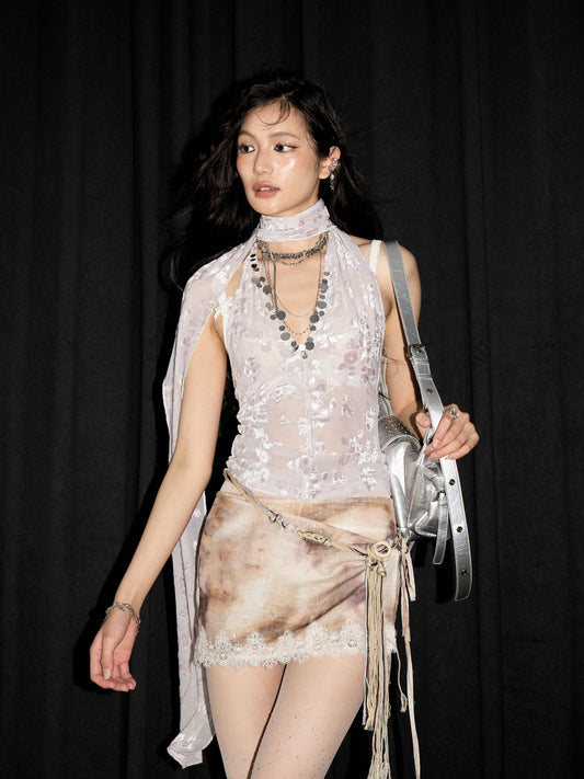 Ruffled Jacquard Sheer V-Neck Backless Top With Scarf