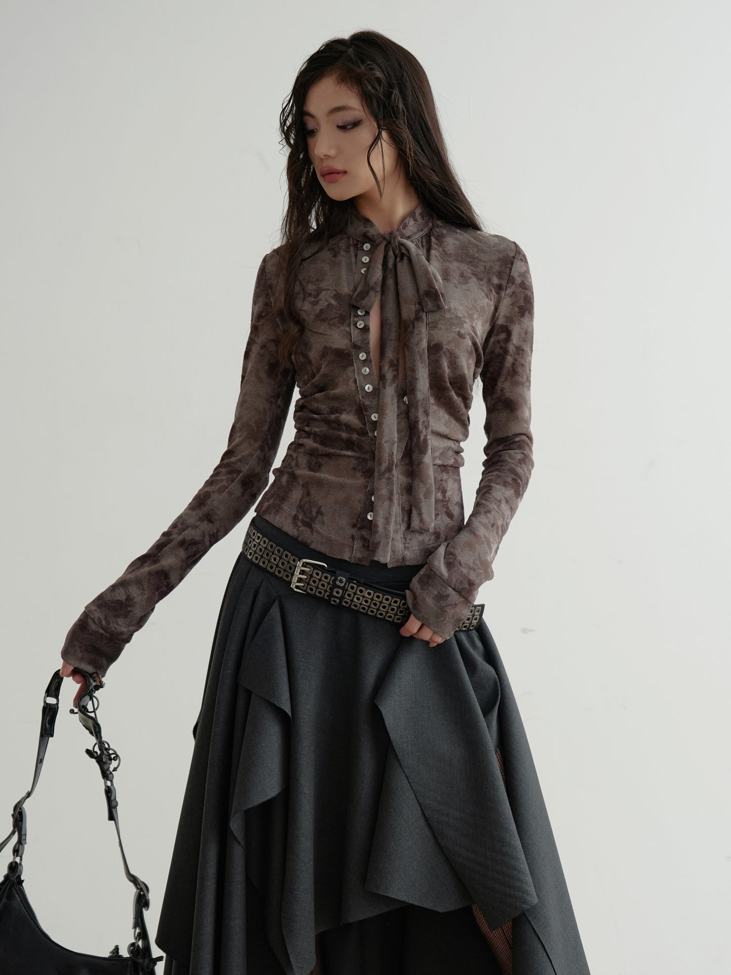 Edgy Tiered Asymmetric Skirt With Studded Belt
