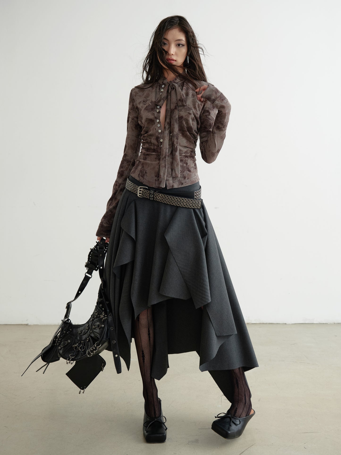 Edgy Tiered Asymmetric Skirt With Studded Belt