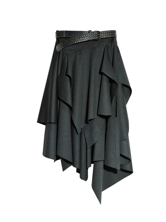 Edgy Tiered Asymmetric Skirt With Studded Belt
