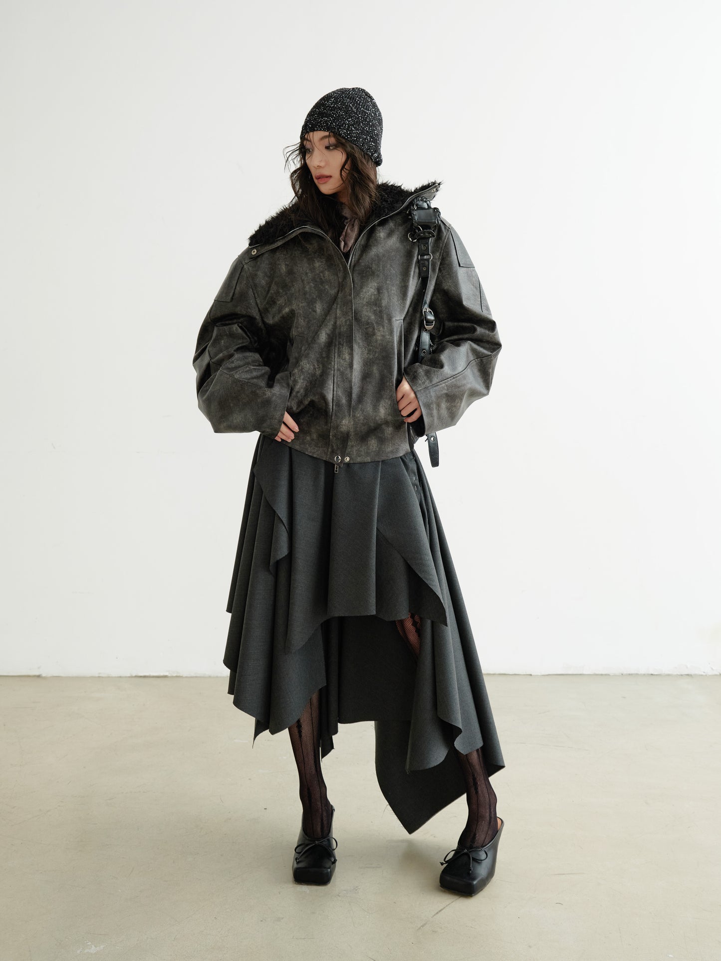 Edgy Tiered Asymmetric Skirt With Studded Belt