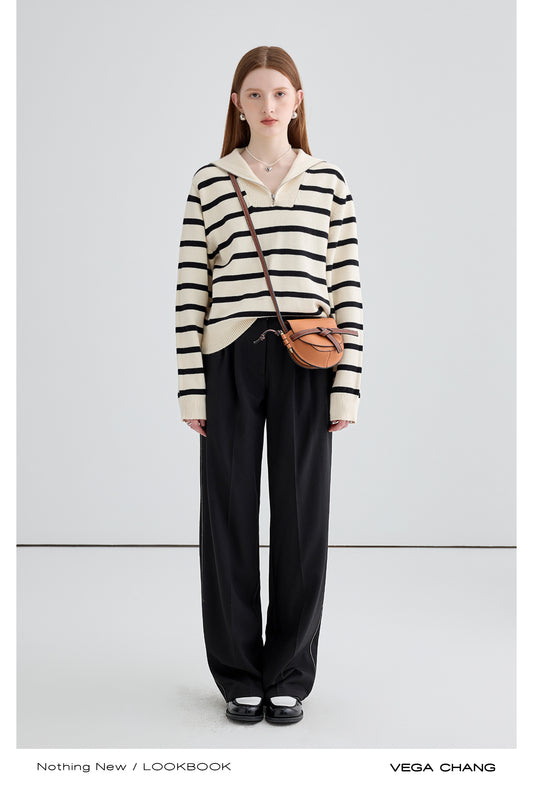 Striped Sailor Collar Half-Zip Sweater