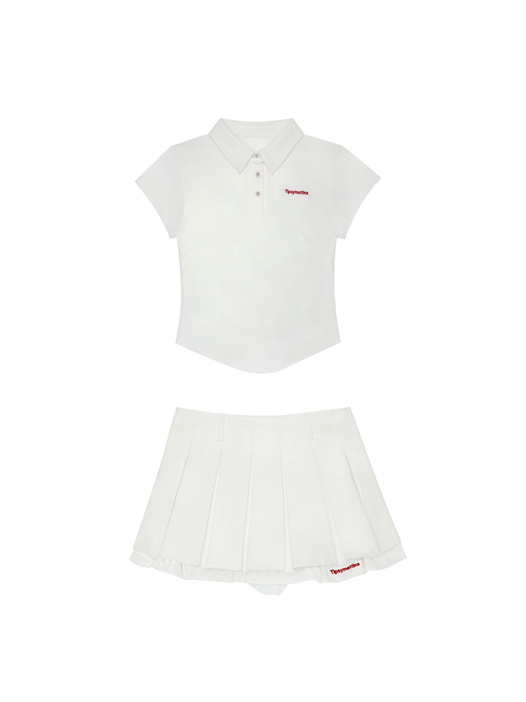 Embroidered Sporty Casual Polo Shirt And Pleated Skirt