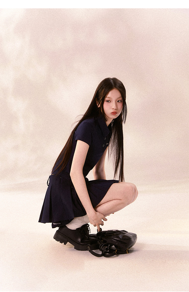 Embroidered Sporty Casual Polo Shirt And Pleated Skirt