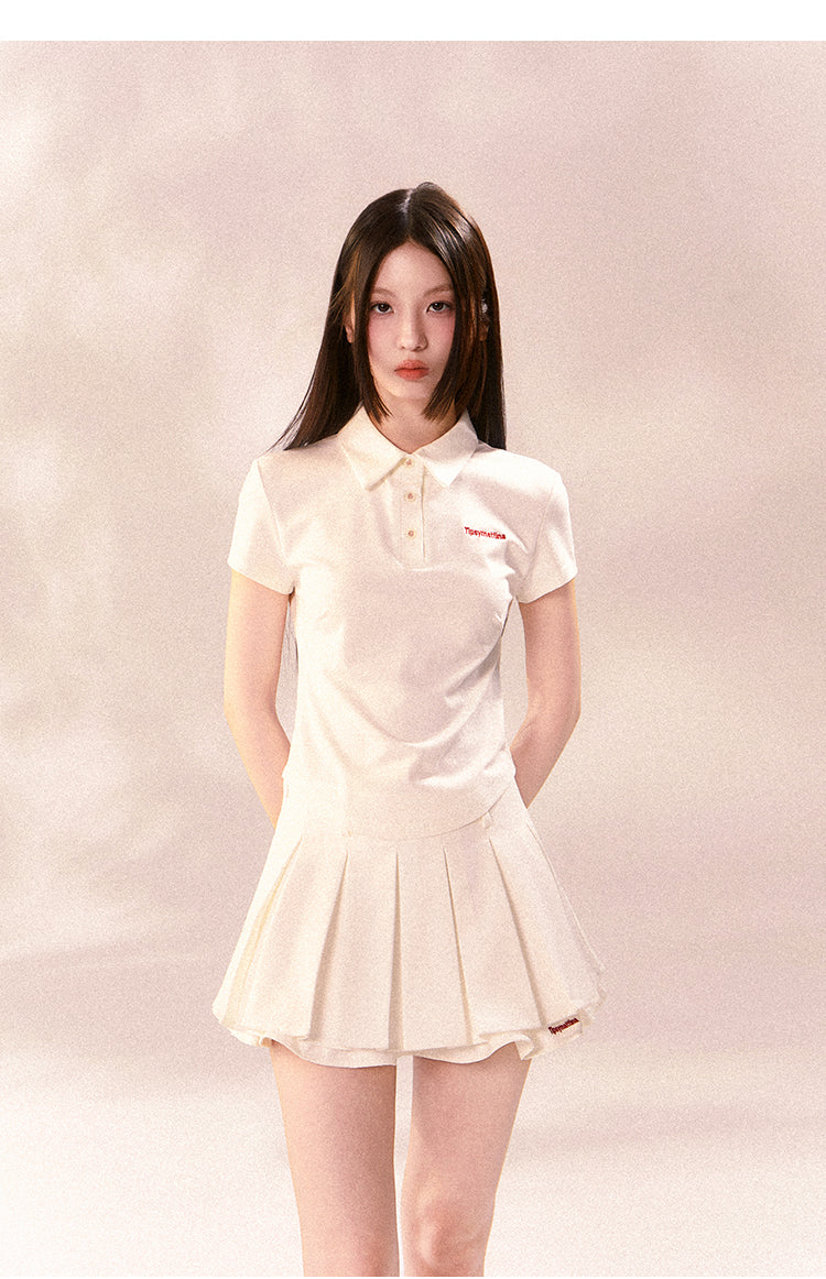 Embroidered Sporty Casual Polo Shirt And Pleated Skirt