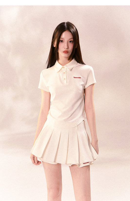 Embroidered Sporty Casual Polo Shirt And Pleated Skirt