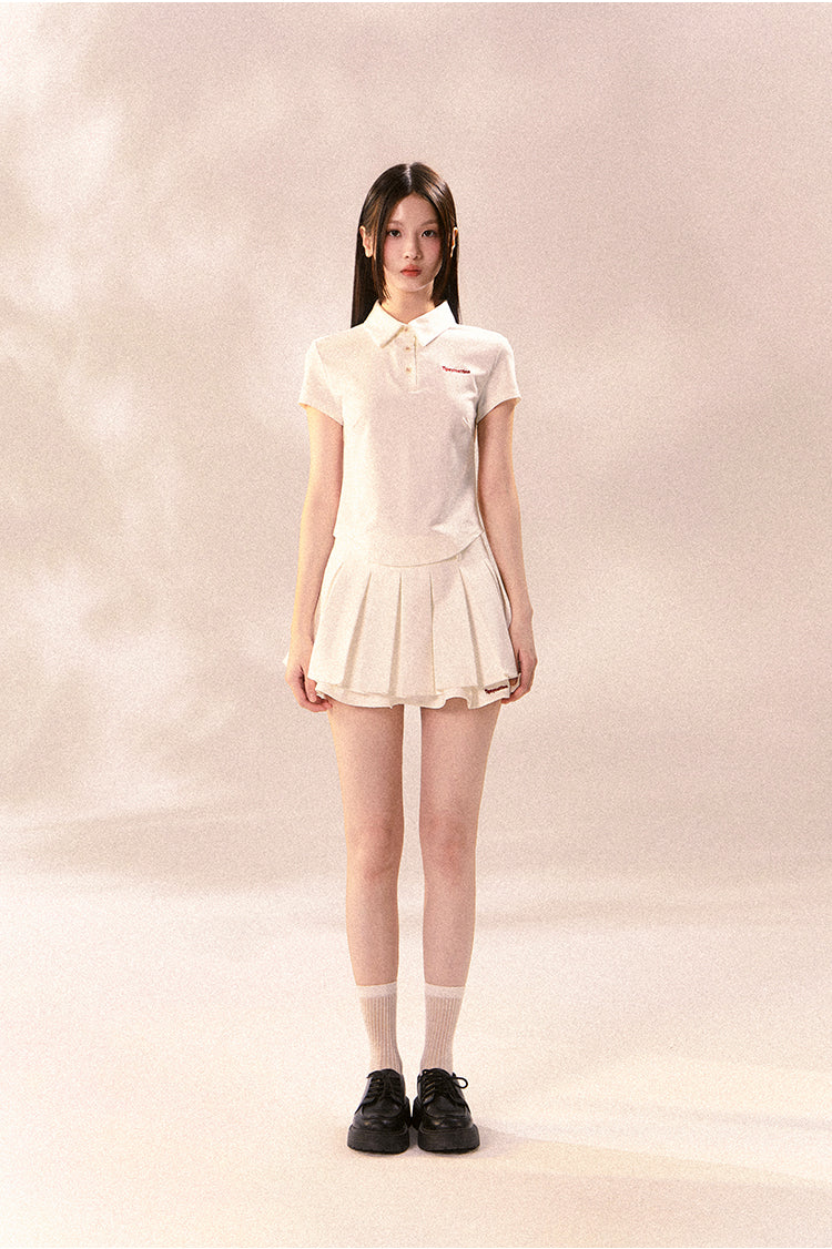 Embroidered Sporty Casual Polo Shirt And Pleated Skirt
