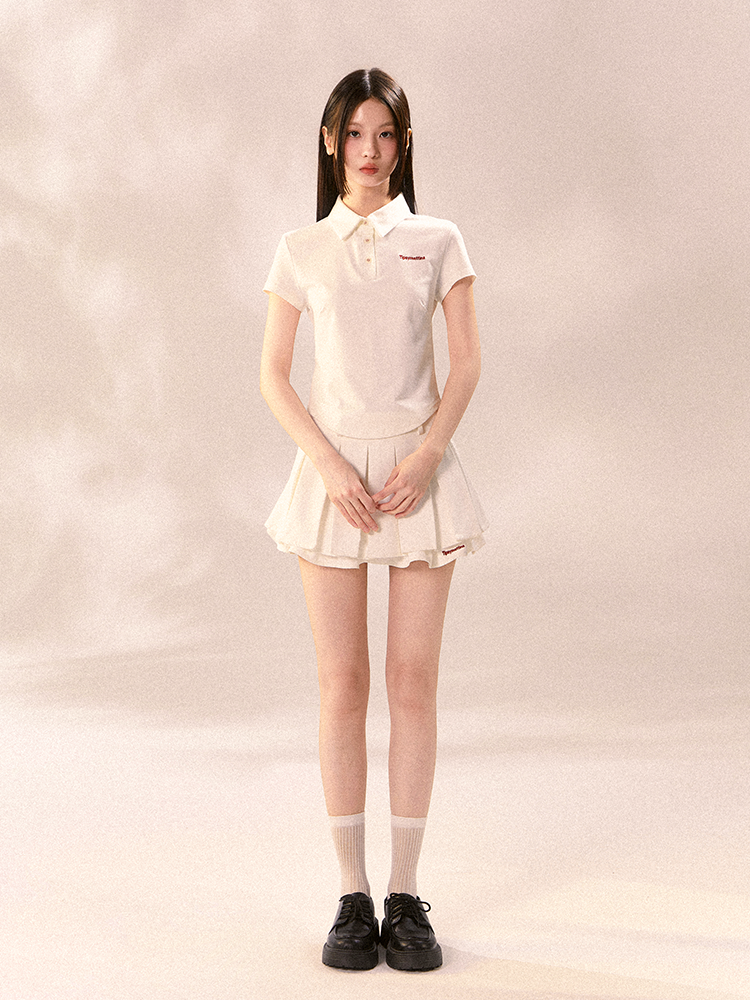 Embroidered Sporty Casual Polo Shirt And Pleated Skirt