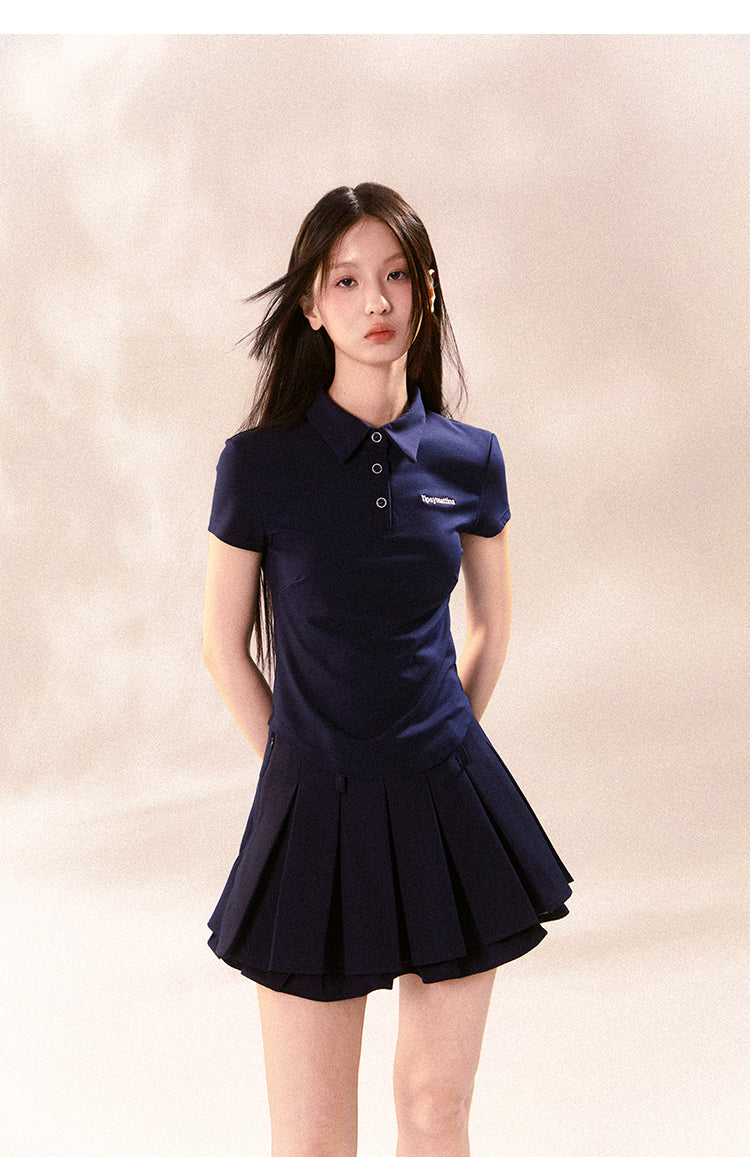 Embroidered Sporty Casual Polo Shirt And Pleated Skirt