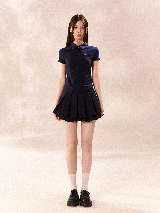 Embroidered Sporty Casual Polo Shirt And Pleated Skirt