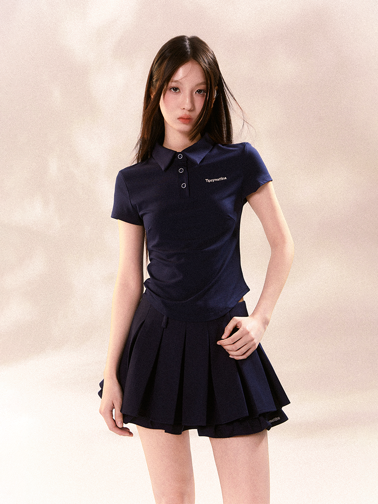 Embroidered Sporty Casual Polo Shirt And Pleated Skirt
