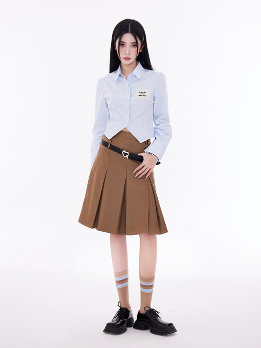 Double Waistband Wide-Pleat A-Line Skirt