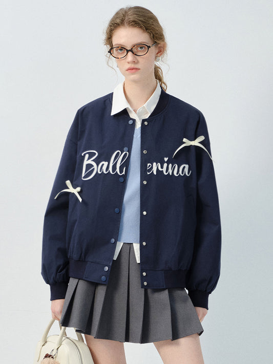 Bow Embellished Letter Embroidered Varsity Jacket