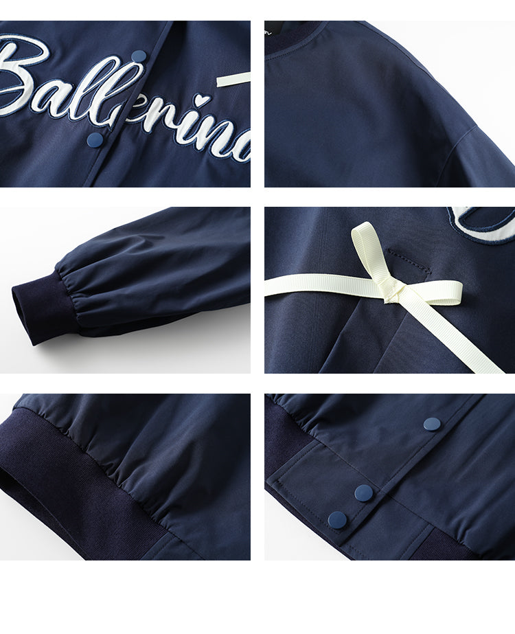 Bow Embellished Letter Embroidered Varsity Jacket
