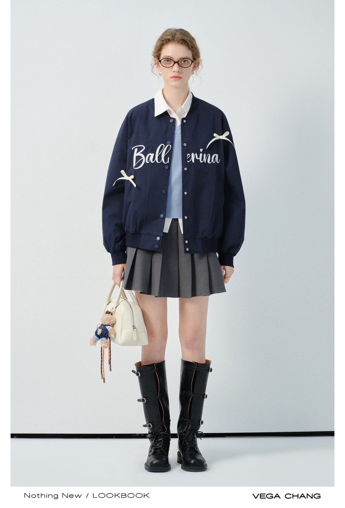 Bow Embellished Letter Embroidered Varsity Jacket