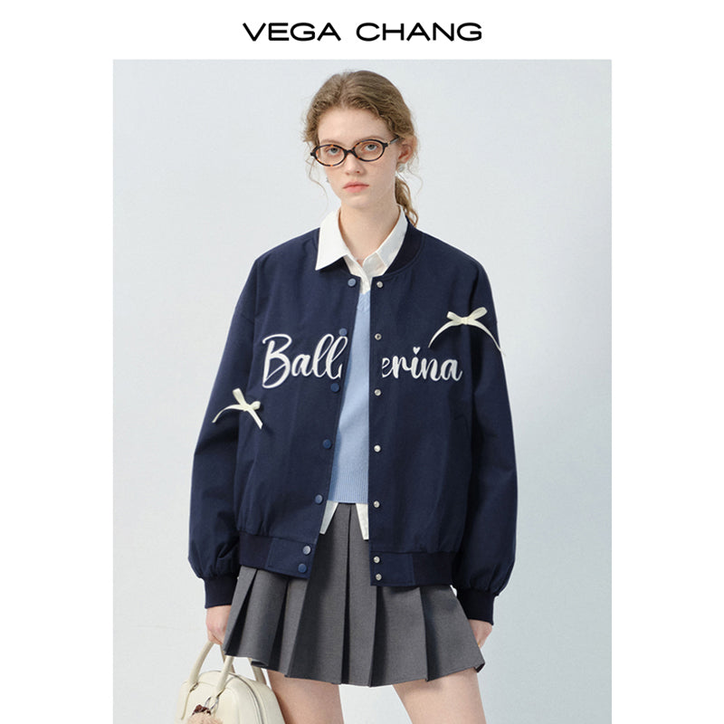 Bow Embellished Letter Embroidered Varsity Jacket