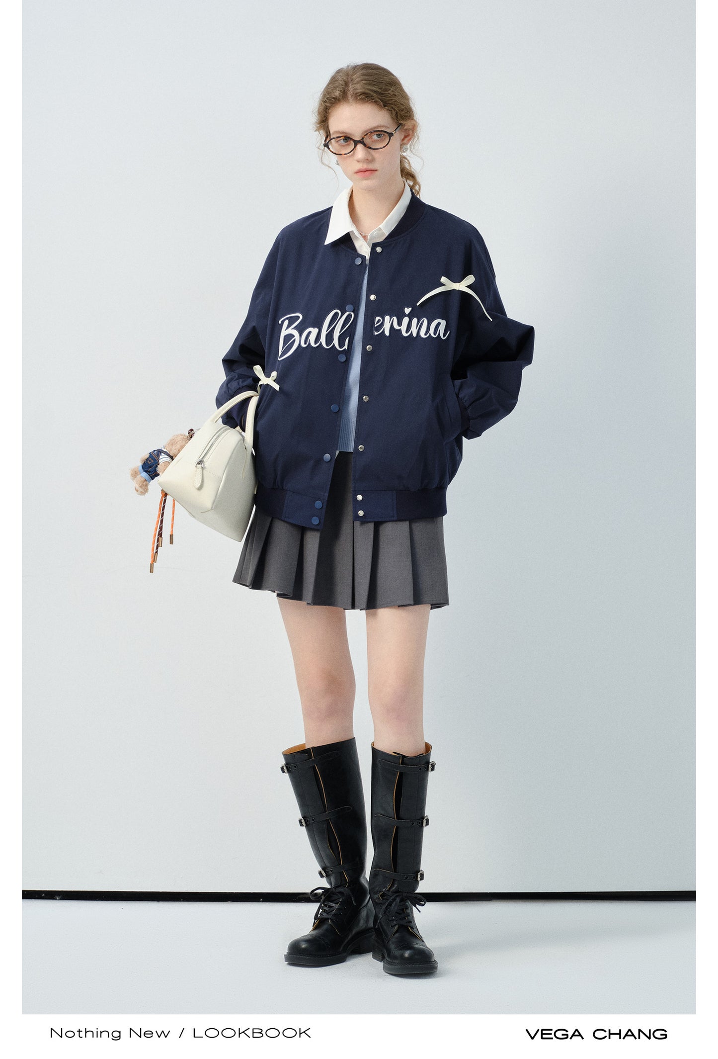 Bow Embellished Letter Embroidered Varsity Jacket