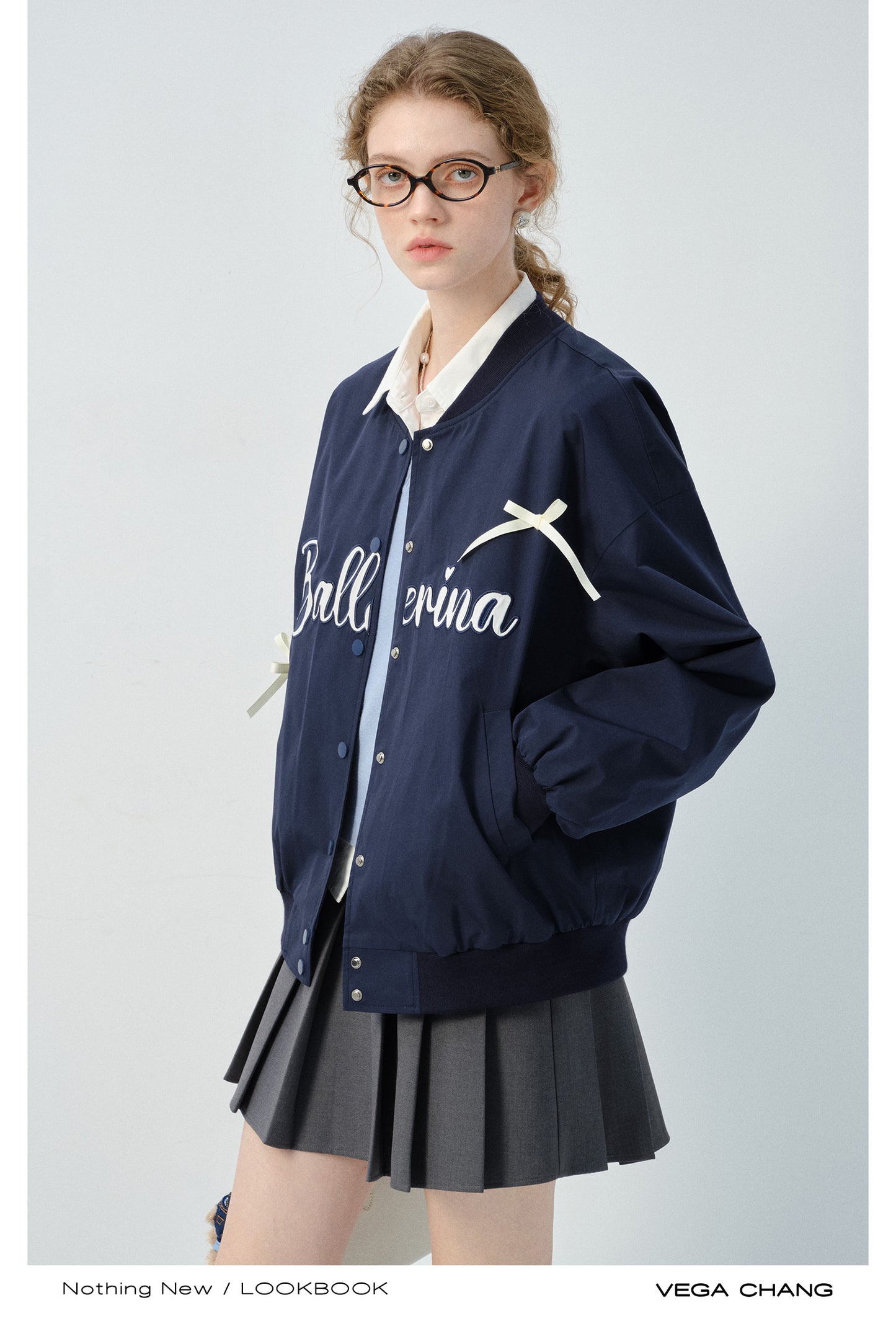 Bow Embellished Letter Embroidered Varsity Jacket