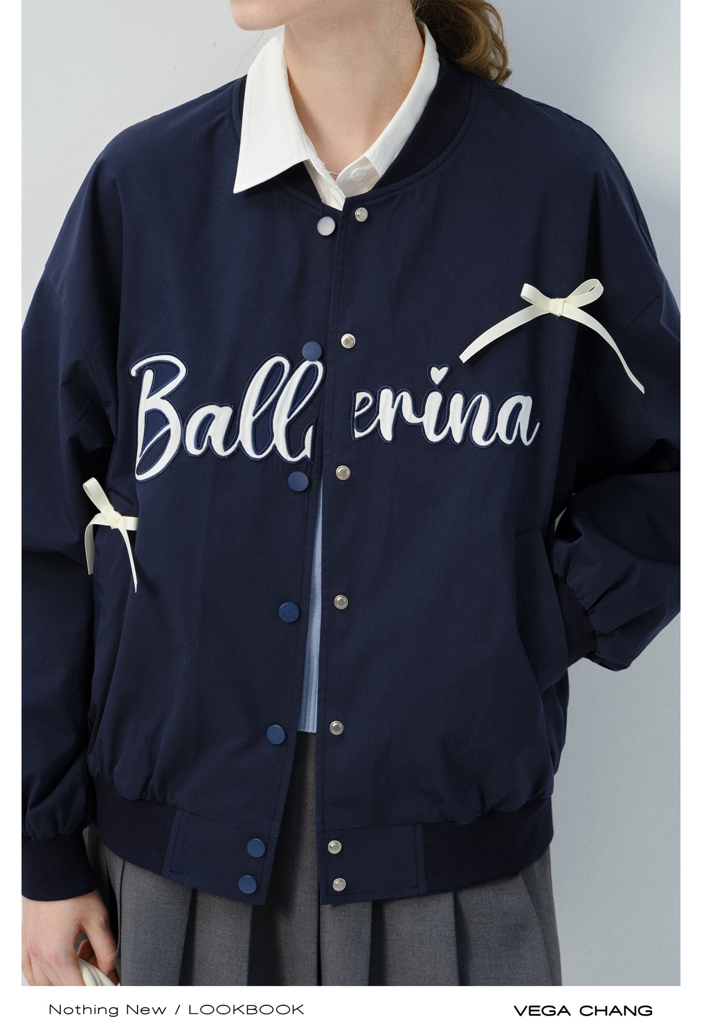 Bow Embellished Letter Embroidered Varsity Jacket