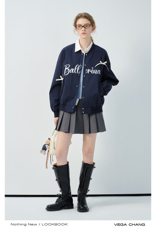 Bow Embellished Letter Embroidered Varsity Jacket