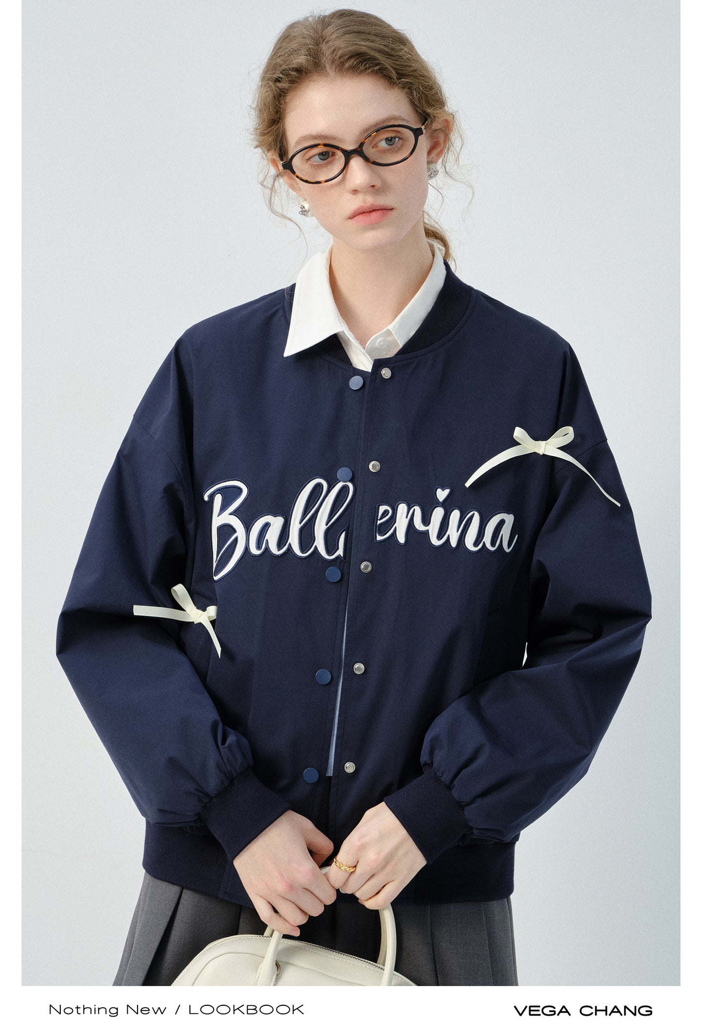 Bow Embellished Letter Embroidered Varsity Jacket