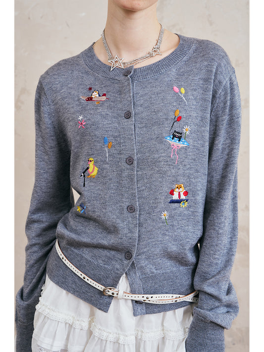 Playful Animal Embroidered Cardigan