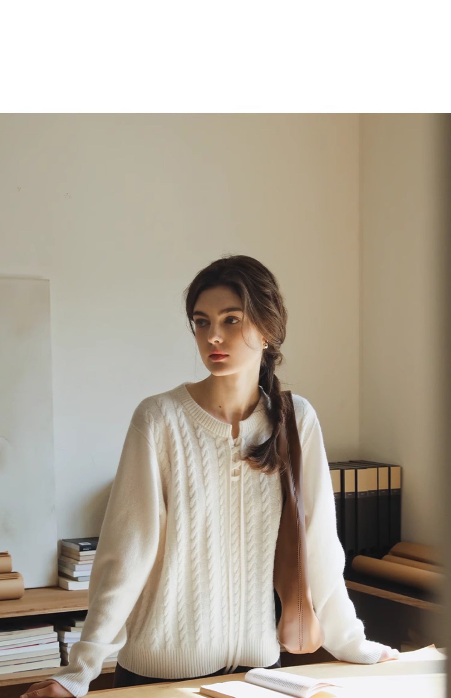 Wool Lace-Up Cable Knit Pullover