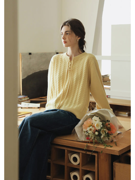 Wool Lace-Up Cable Knit Pullover