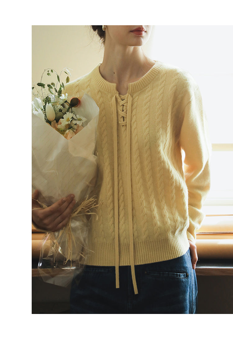 Wool Lace-Up Cable Knit Pullover
