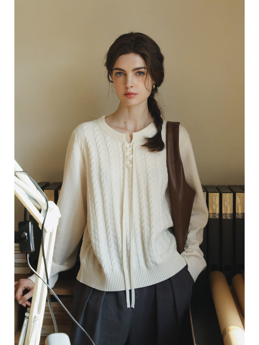 Wool Lace-Up Cable Knit Pullover