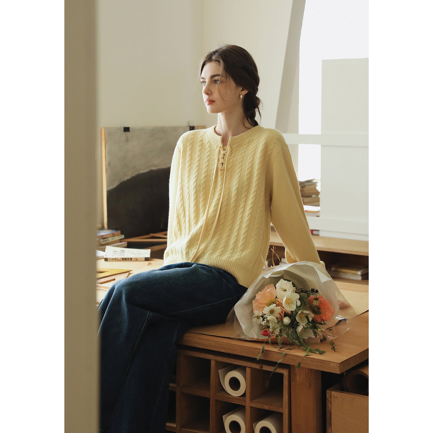 Wool Lace-Up Cable Knit Pullover