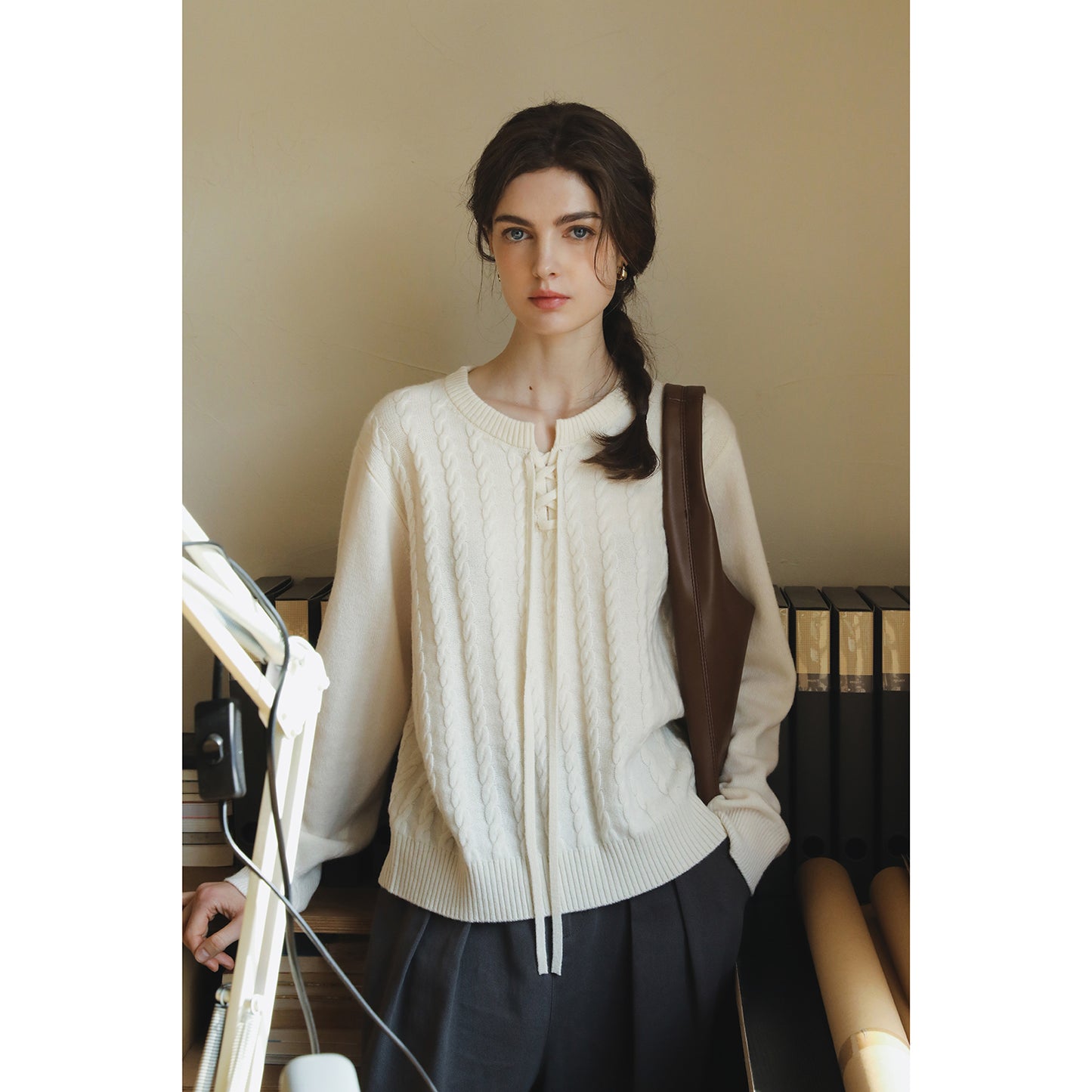 Wool Lace-Up Cable Knit Pullover