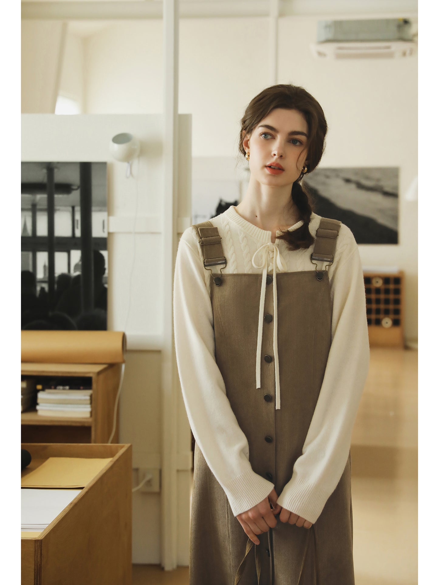 Wool Lace-Up Cable Knit Pullover