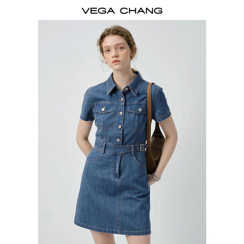 Slim Fit Belted Denim Mini Dress