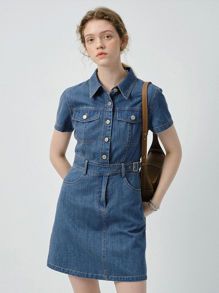 Slim Fit Belted Denim Mini Dress