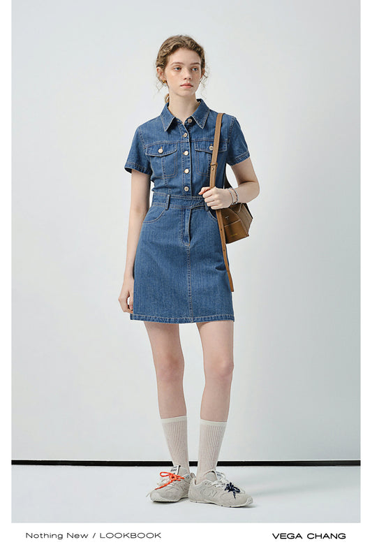 Slim Fit Belted Denim Mini Dress