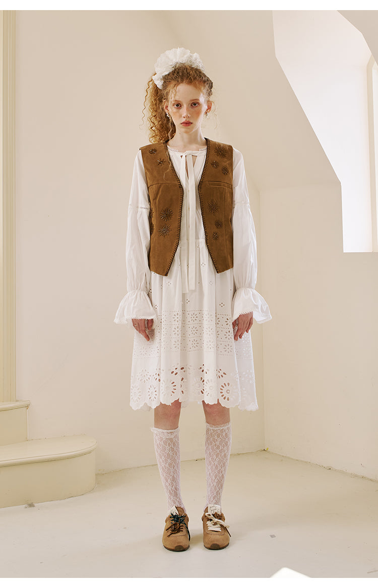 Beaded Faux Suede Vest With Clasp Closure