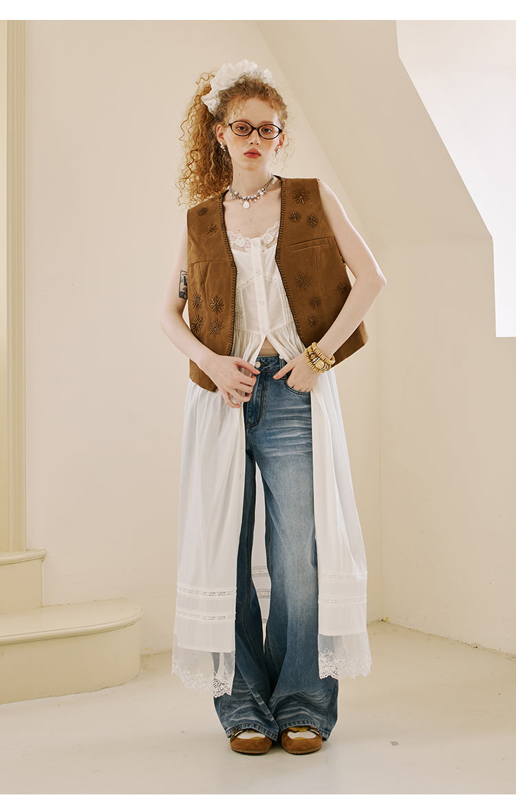 Beaded Faux Suede Vest With Clasp Closure