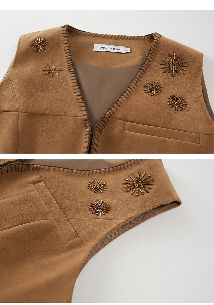Beaded Faux Suede Vest With Clasp Closure