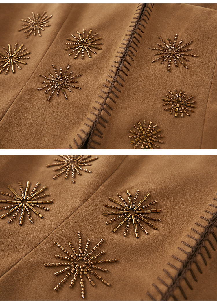 Beaded Faux Suede Vest With Clasp Closure