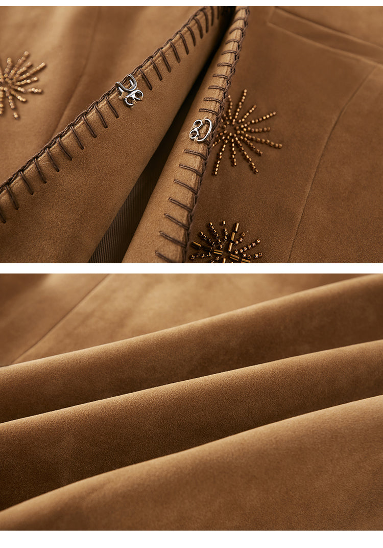 Beaded Faux Suede Vest With Clasp Closure