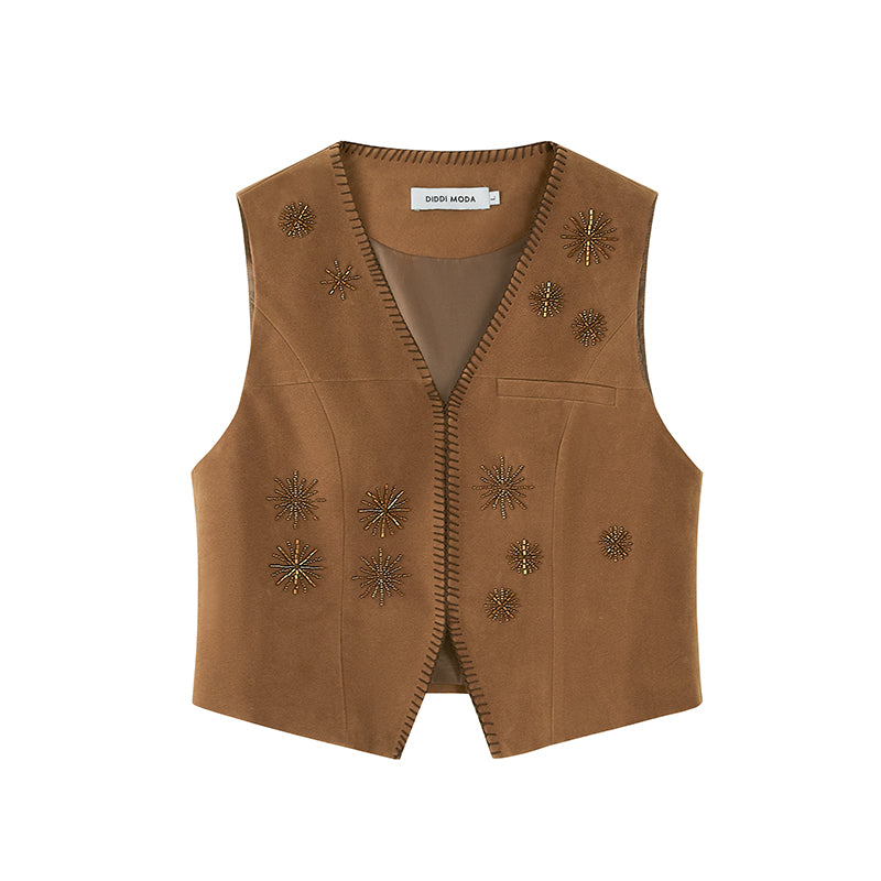 Beaded Faux Suede Vest With Clasp Closure