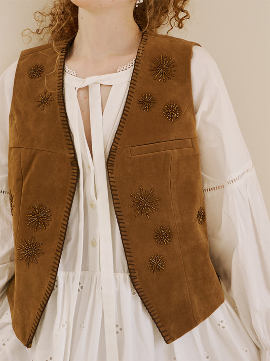 Beaded Faux Suede Vest With Clasp Closure