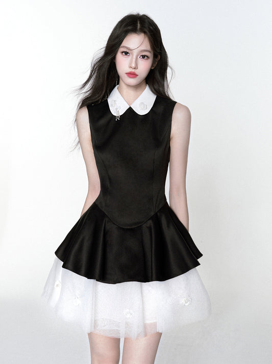 Tulle Underlayer Satin Dress With Sequin Details