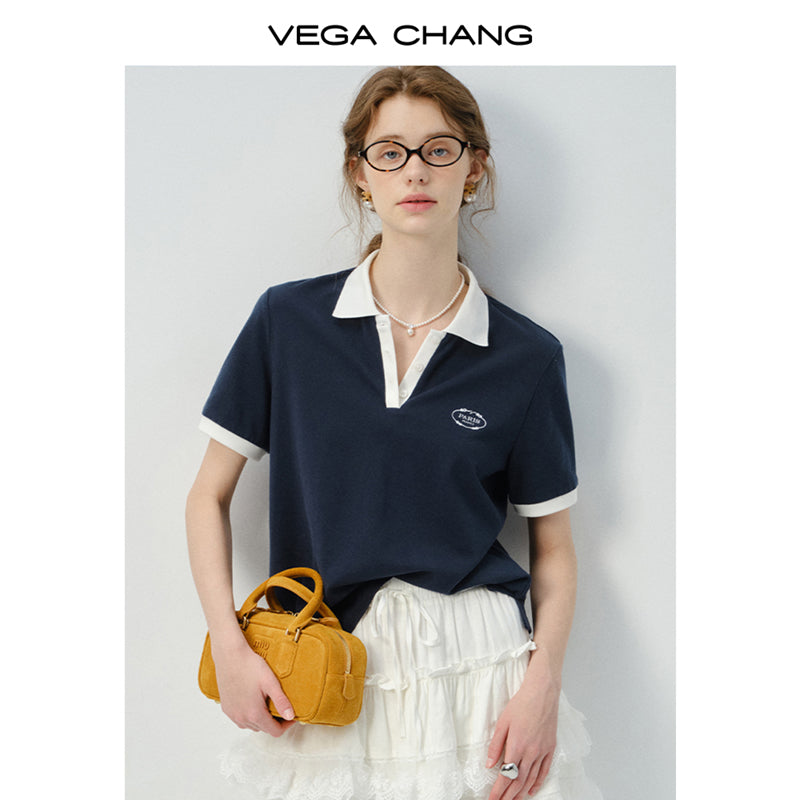 Embroidered Contrast Color Cotton Polo Shirt
