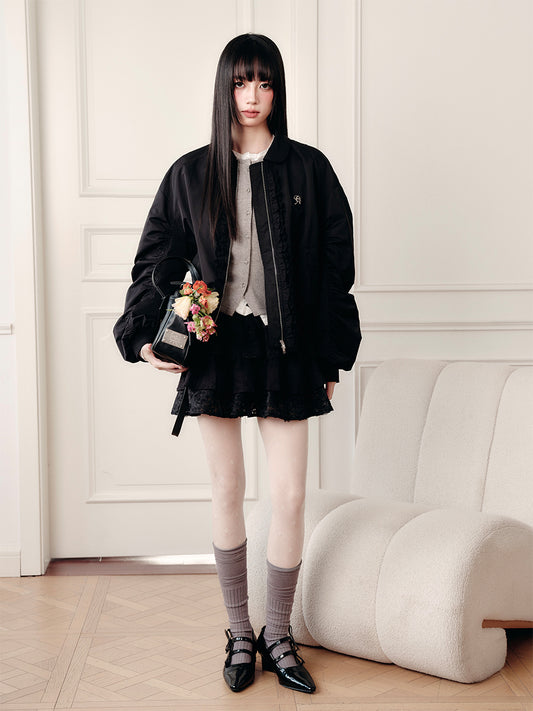 Ruched Bomber Jacket With Ruffle Trim