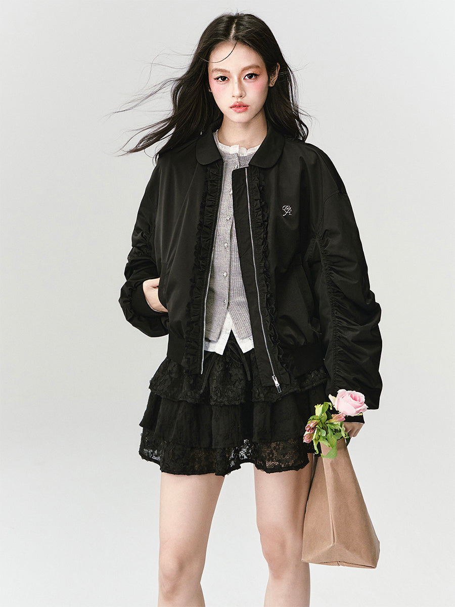 Ruched Bomber Jacket With Ruffle Trim